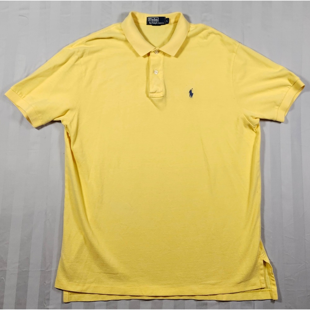 Polo Ralph Lauren Mens Large Yellow Short Sleeve Pique Polo Shirt Blue Pony Logo